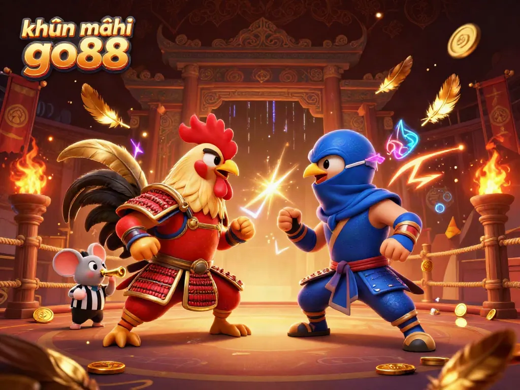 Engage with exciting khuyến mãi go88 gameplay through a dynamic illustration featuring fighting roosters in a thrilling arena.