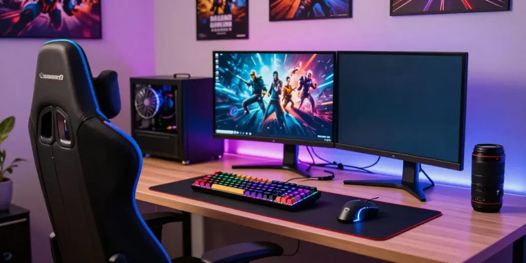 Stylish gaming chair and RGB keyboard setup highlighting rokok88 gear for gamers.