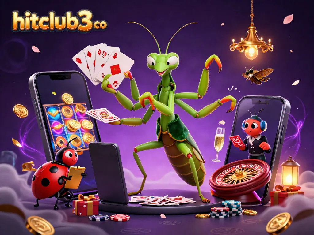Experience the excitement of hitclub3 co with a vibrant casino scene featuring a charming praying mantis dealer.