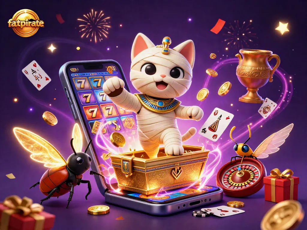 Win big with fatpirate at this vibrant 3D casino illustration featuring Egyptian-themed characters and casino elements.