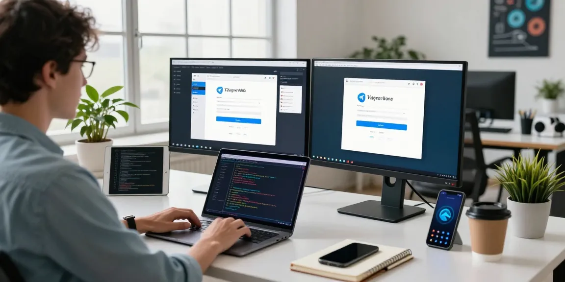 Illustration of a professional workspace featuring the Telegram Web Version login on a laptop.