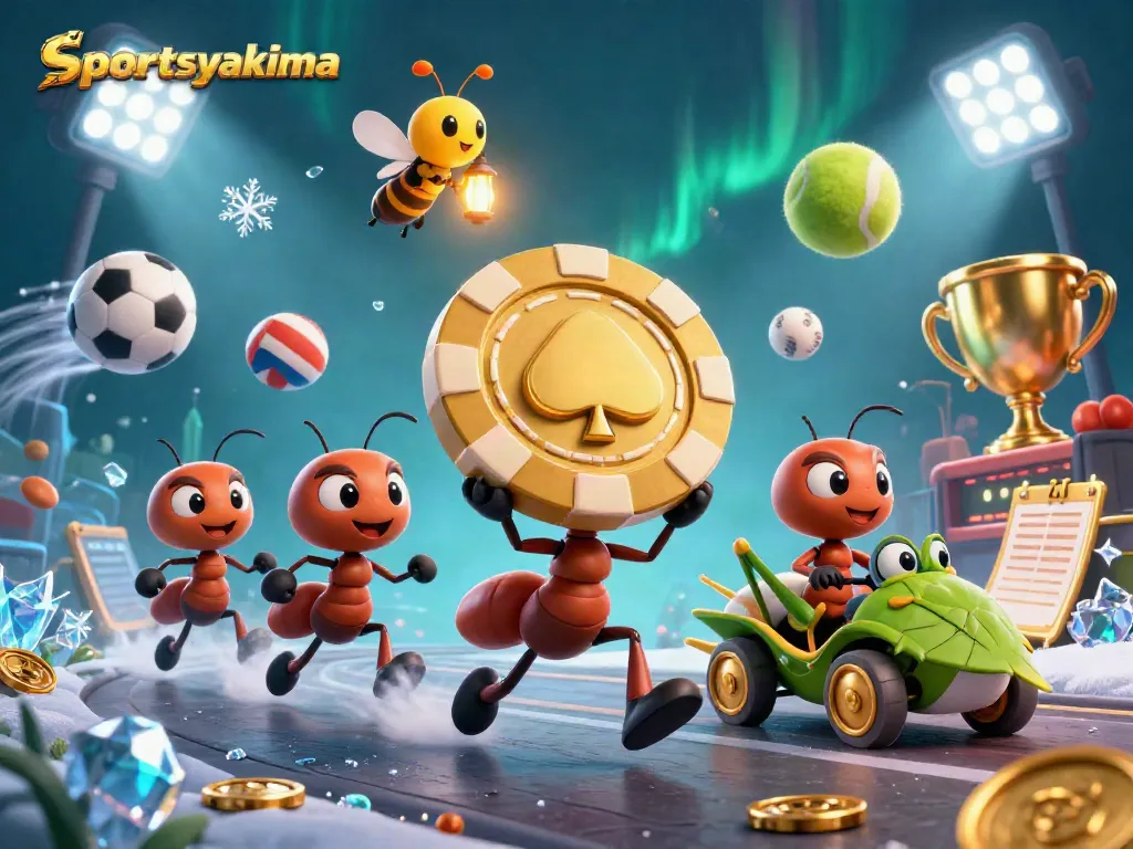Sportsyakima captures a thrilling chase of ants heisting golden poker chips in a vibrant 3D scene