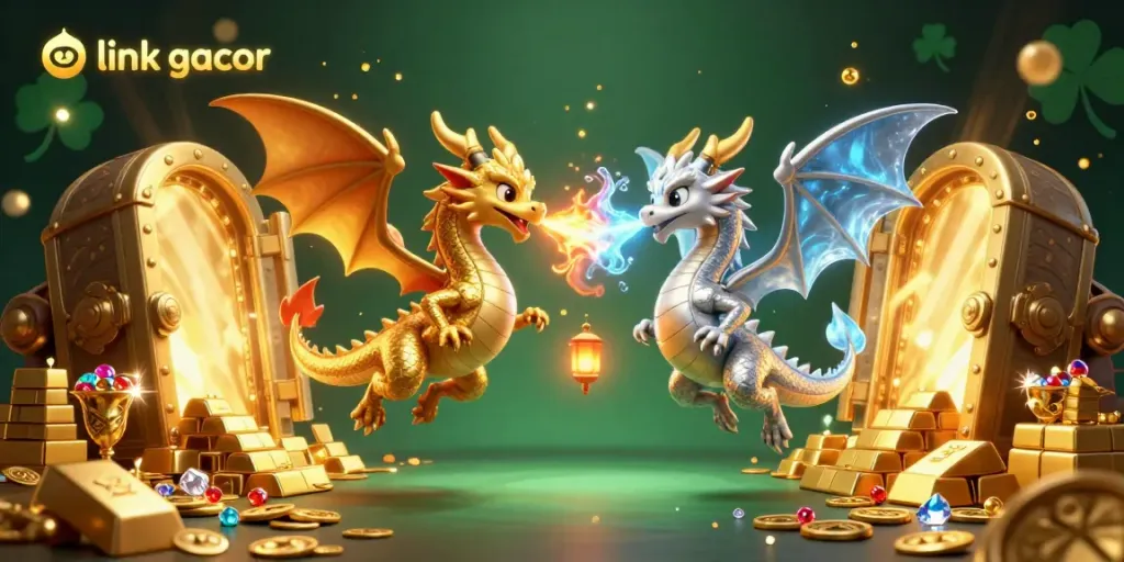 Engage with the mesmerizing link gacor scene featuring two entwined dragons amidst treasure in a vibrant casino atmosphere.