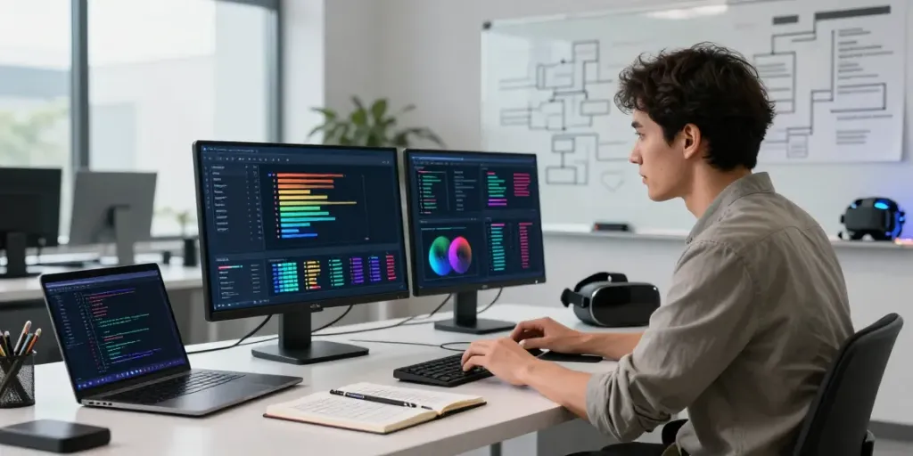LLM optimization in a modern tech workspace with data analysis and innovative design.