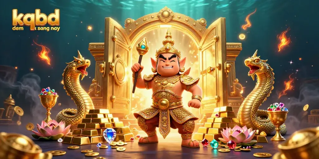Experience the action of kqbd dem qua sang nay with dynamic golden treasures and a Thai guardian.
