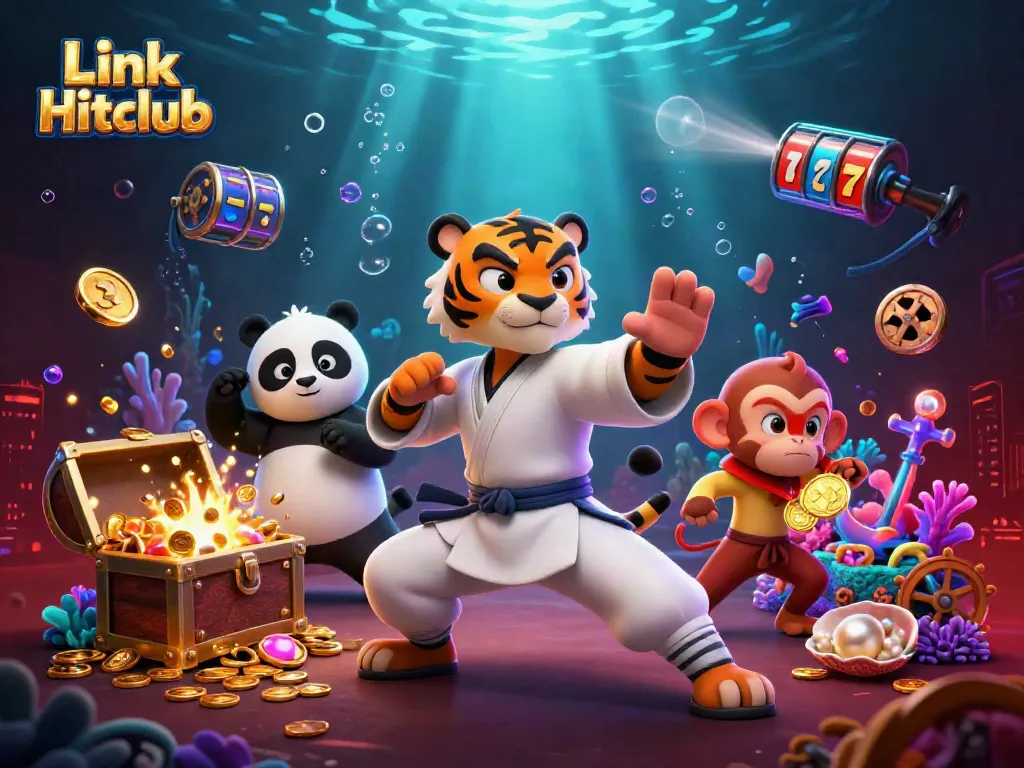 Experience the excitement of Link Hitclub with a vibrant 3D illustration featuring dynamic characters and slot elements.