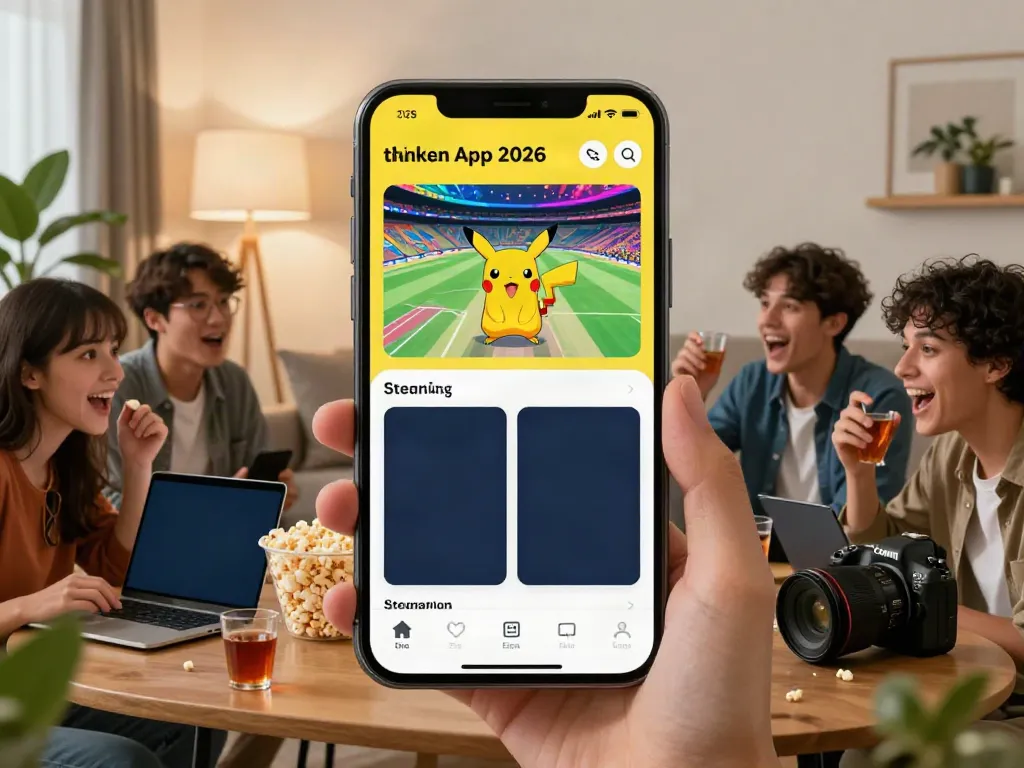 Pikachu App 2026 showcasing live cricket match on Android device in cozy living room.