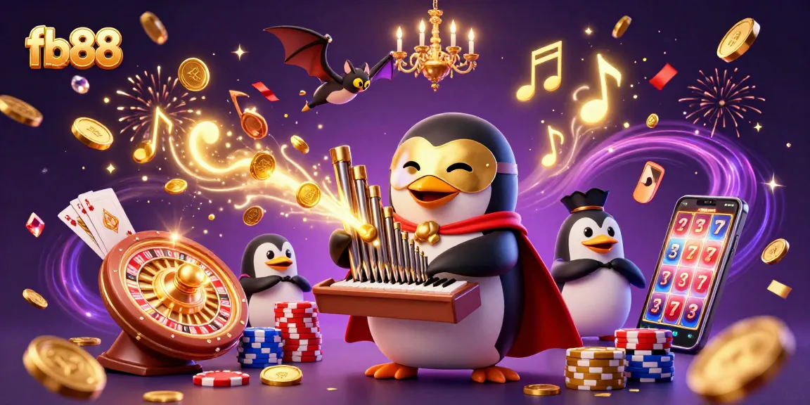 Experience the excitement at fb88 with a penguin organist unleashing golden coins in a vibrant casino scene.