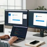 Illustration of a professional workspace featuring the Telegram Web Version login on a laptop.
