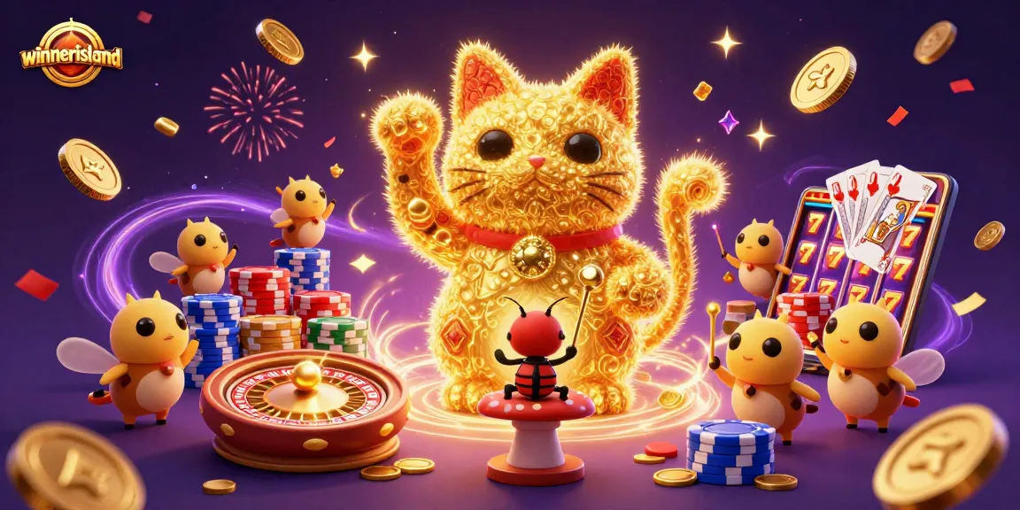 Win big at winnerisland with a colorful lucky cat and casino symbols in a vibrant 3D scene.