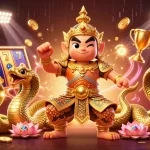 Experience thrilling gameplay at lolajack with dynamic slot reels and golden trophies in an electrifying casino atmosphere.