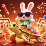 Join the excitement on deze site with a lucky rabbit riding a golden turtle amidst vibrant casino elements.