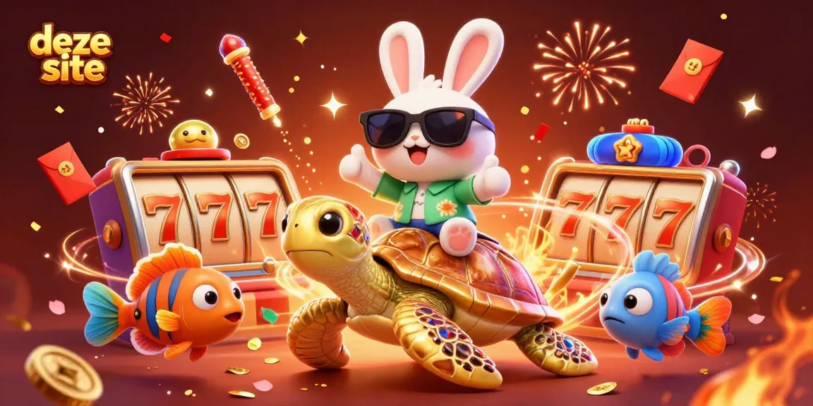 Join the excitement on deze site with a lucky rabbit riding a golden turtle amidst vibrant casino elements.
