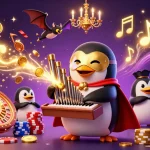 Experience the excitement at fb88 with a penguin organist unleashing golden coins in a vibrant casino scene.