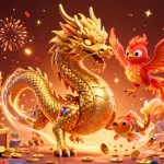 Experience the thrill of online pokies with golden dragon, phoenix, and koi fish amidst celebrating visuals.