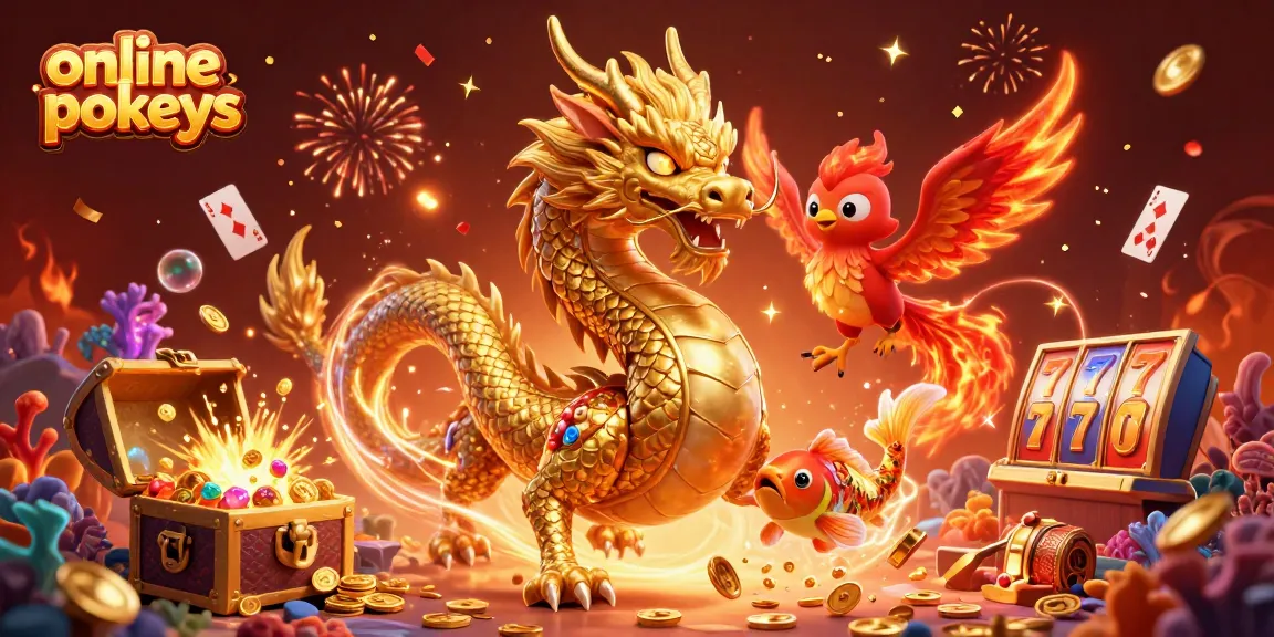 Experience the thrill of online pokies with golden dragon, phoenix, and koi fish amidst celebrating visuals.